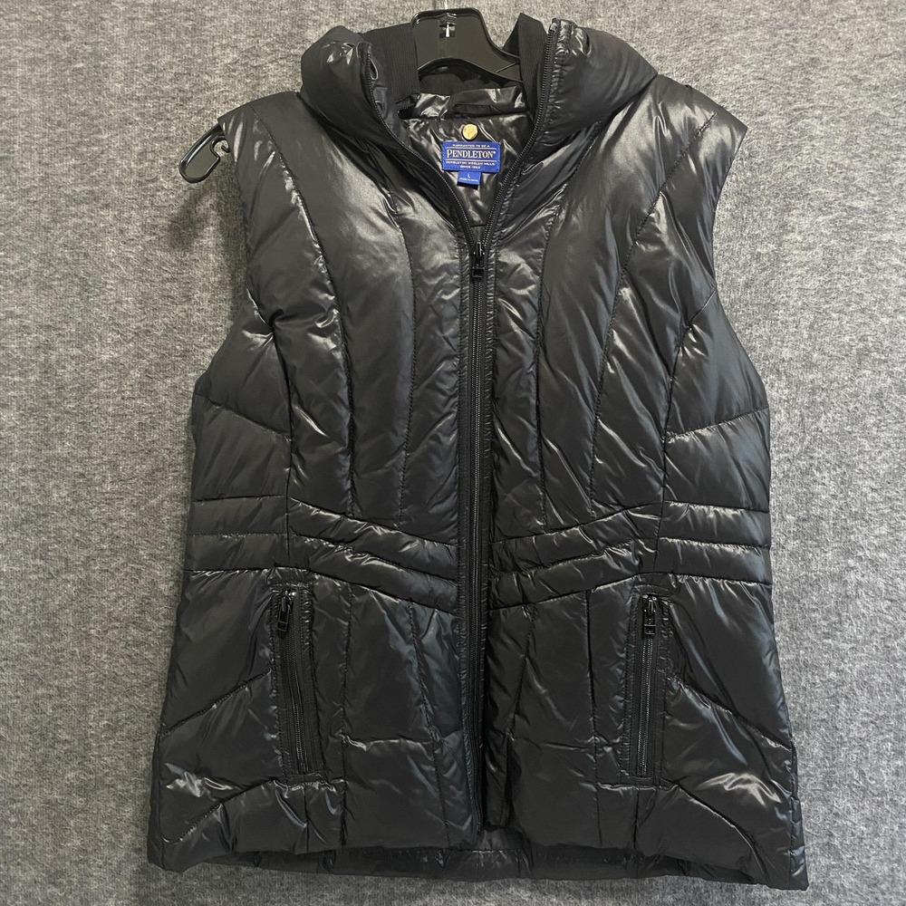 Pendleton Puffer‎ Vest Womens L Black Duck Down Hooded Removable Hiking Outdoor
